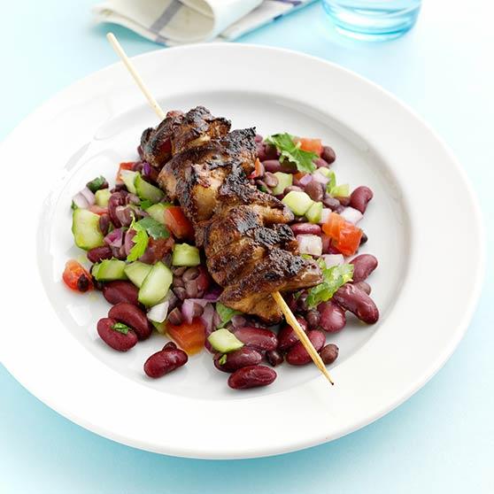 Skewered chicken fillet with bean salsa